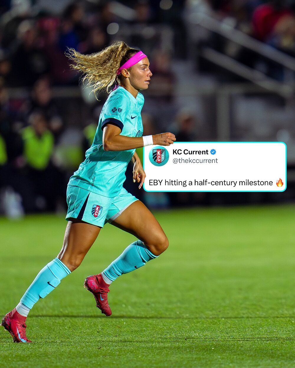 Ellie sprinting in the Kansas City Current away kit, celebrated by the club for reaching 50 appearances